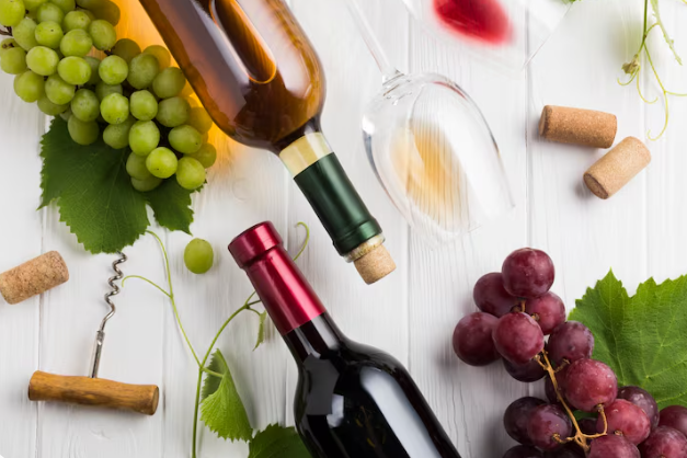 Bouteilles de vin blanc et vin rouge avec un tire-bouchon