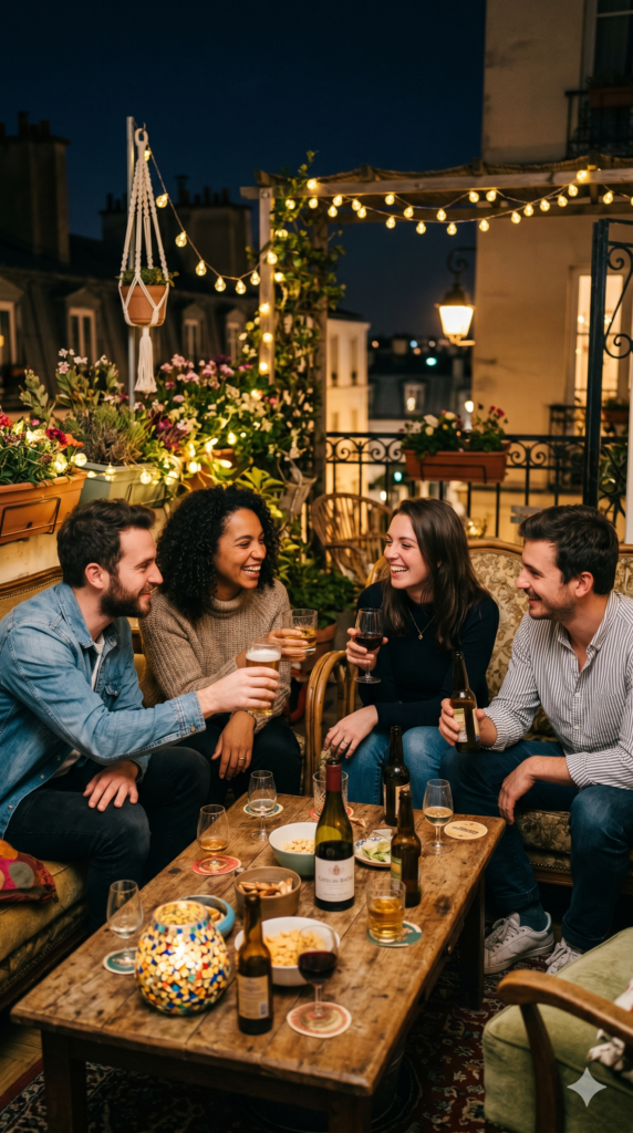 Amis trinquant sur leur terrasse la nuit