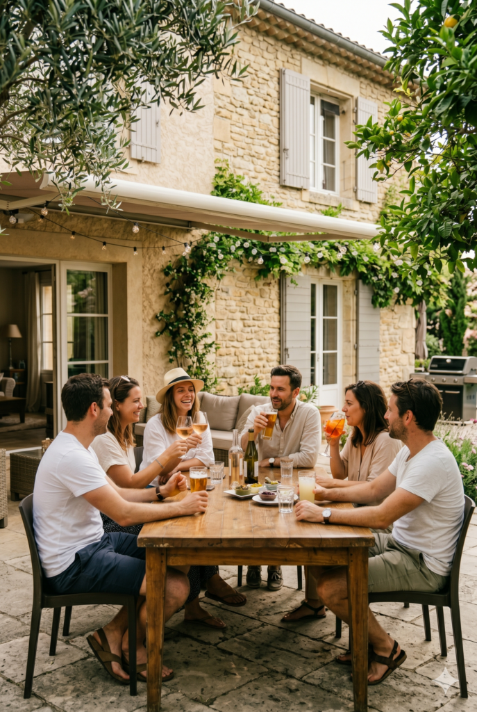 Amis déjeunant et buvant un coup à l'ombre chez eux sur leur terrasse