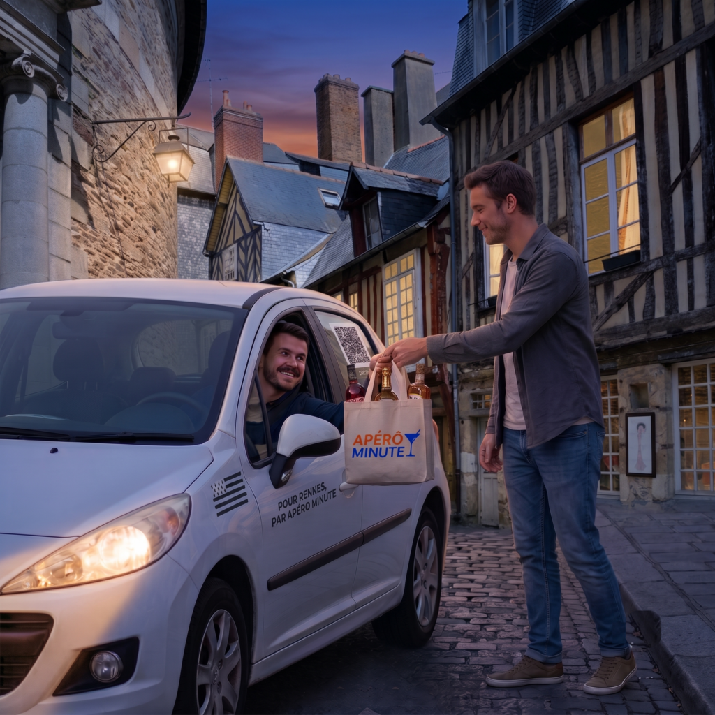 Livraison d'une commande d'alcool Apéro Minute en voiture la nuit à Rennes à un client content