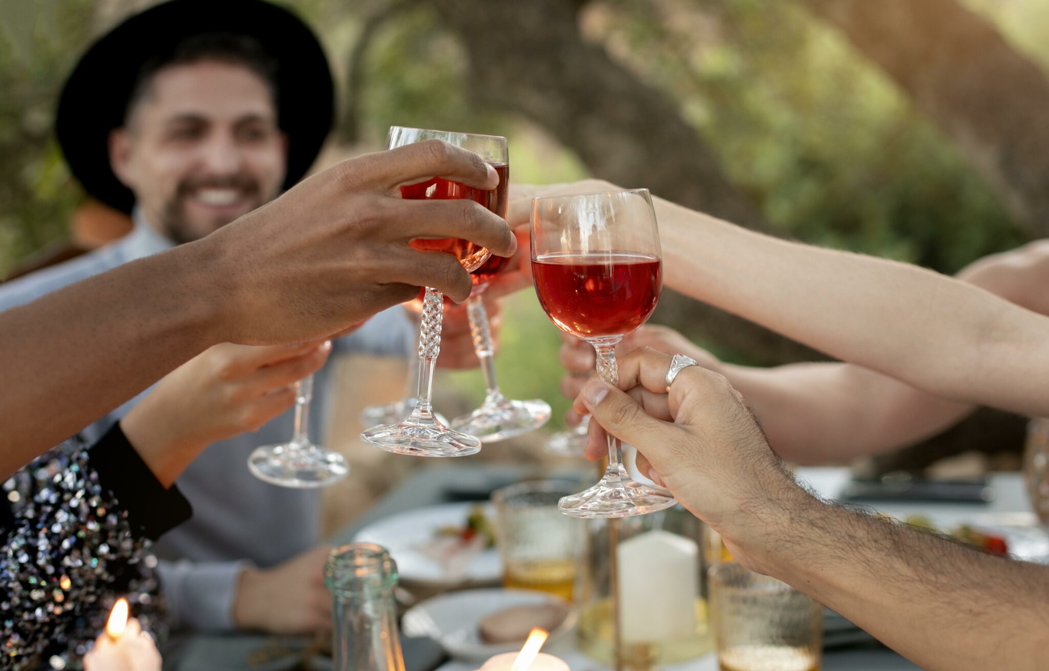 Amis qui trinquent avec un verre de vin dans la nature